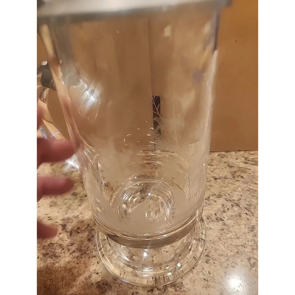Vintage Crystal Glass Beer Stein‎ Pine Trees Etching Pewter Lid No Name